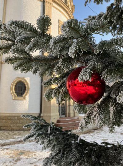 Weihnachtsbaum mit roter Kugel vor der Neulußheimer Kirche 2022-12