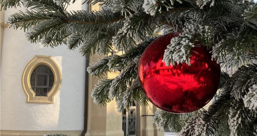 Weihnachtsbaum mit roter Kugel vor der Neulußheimer Kirche 2022-12