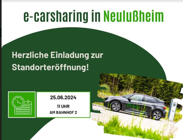 Weitere e-carsharing-Station in Neulußheim am Bahnhof, am 25. Juni, 11 Uhr geht es los!